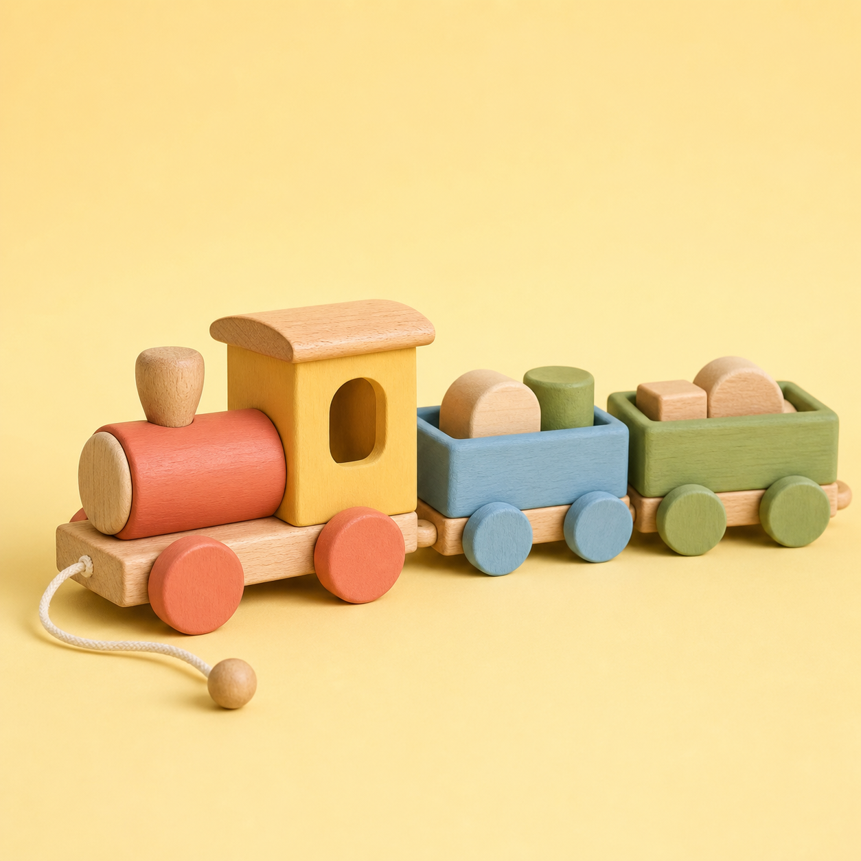 Colorful wooden pull-along train with two connected cars