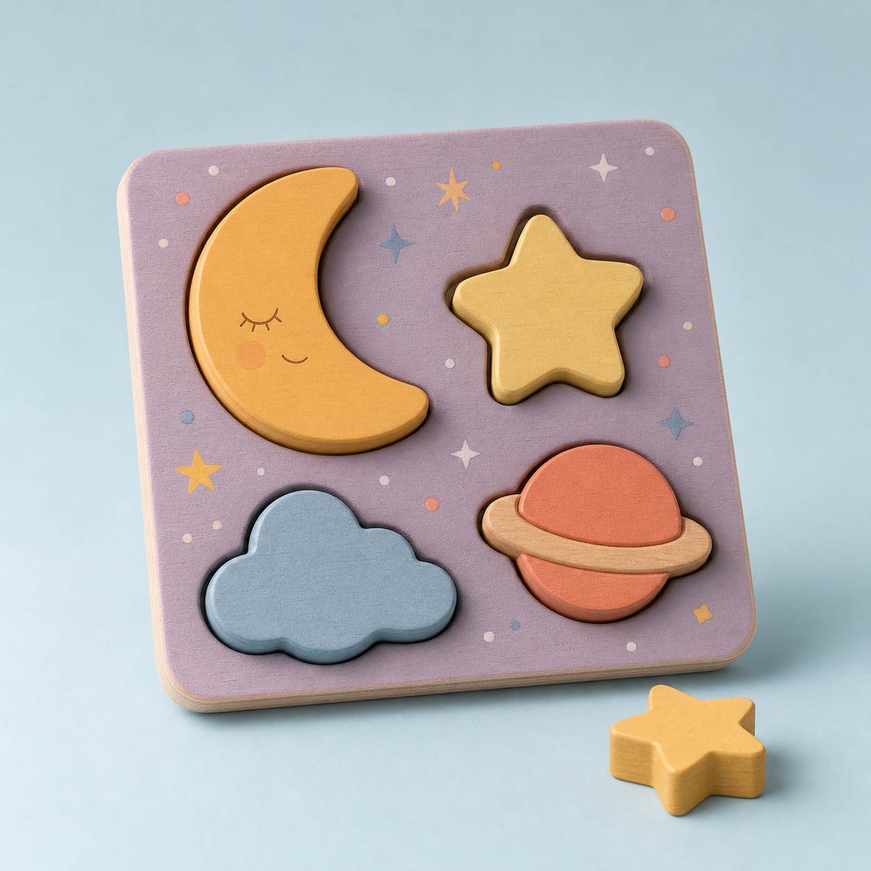 Wooden night-sky puzzle with moon, star, cloud, and planet pieces