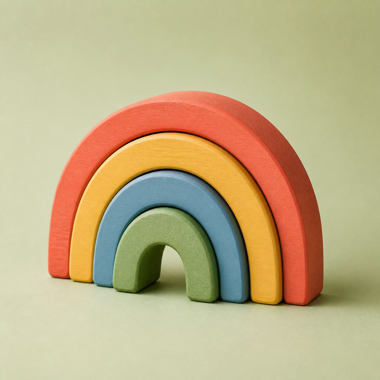 Four-piece wooden rainbow stacking toy in coral, yellow, blue, and green